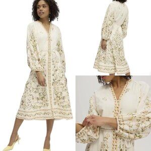 Calypso St. Barth Linen Blend Magnolia Floral Midi Dress Long Sleeves Size XS